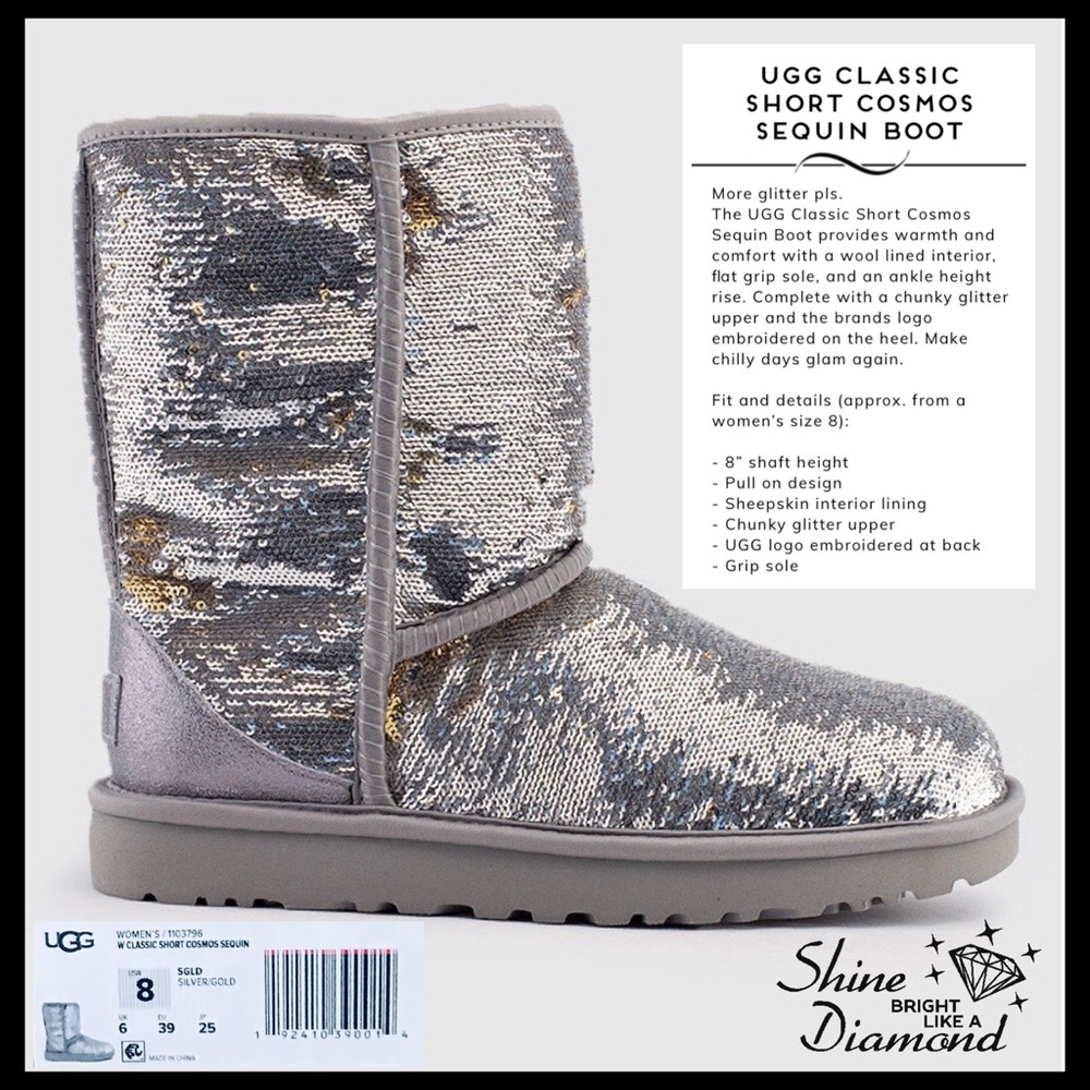 UGG Classic Short Cosmo Sequin Silver & Gold Boots - Picture 12 of 13